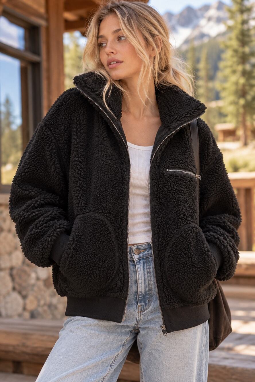 Aritzia Wilfred Free The Teddy Jacket S Black Sherpa Fleece Bomber Oversized